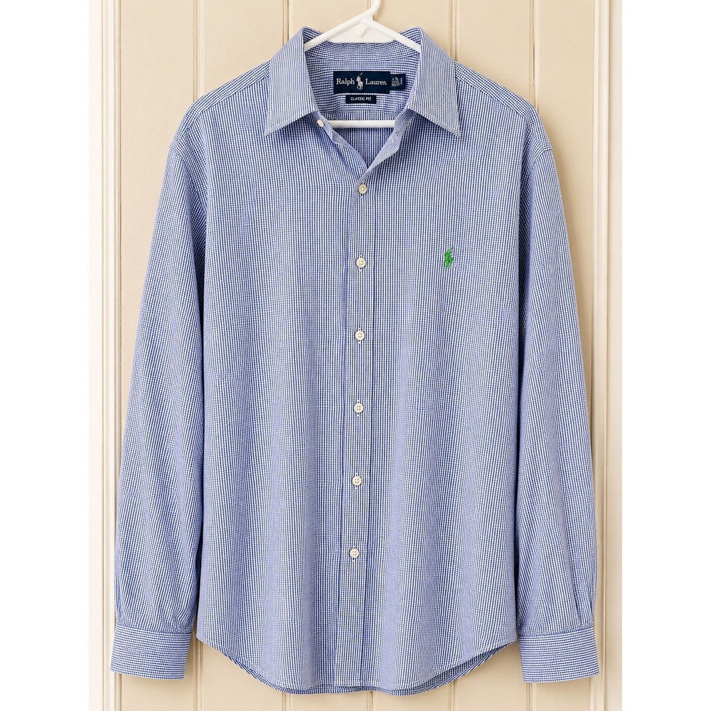 Ralph Lauren Mens Classic Fit Gingham Button Down Shirt Blue White Green Pony L